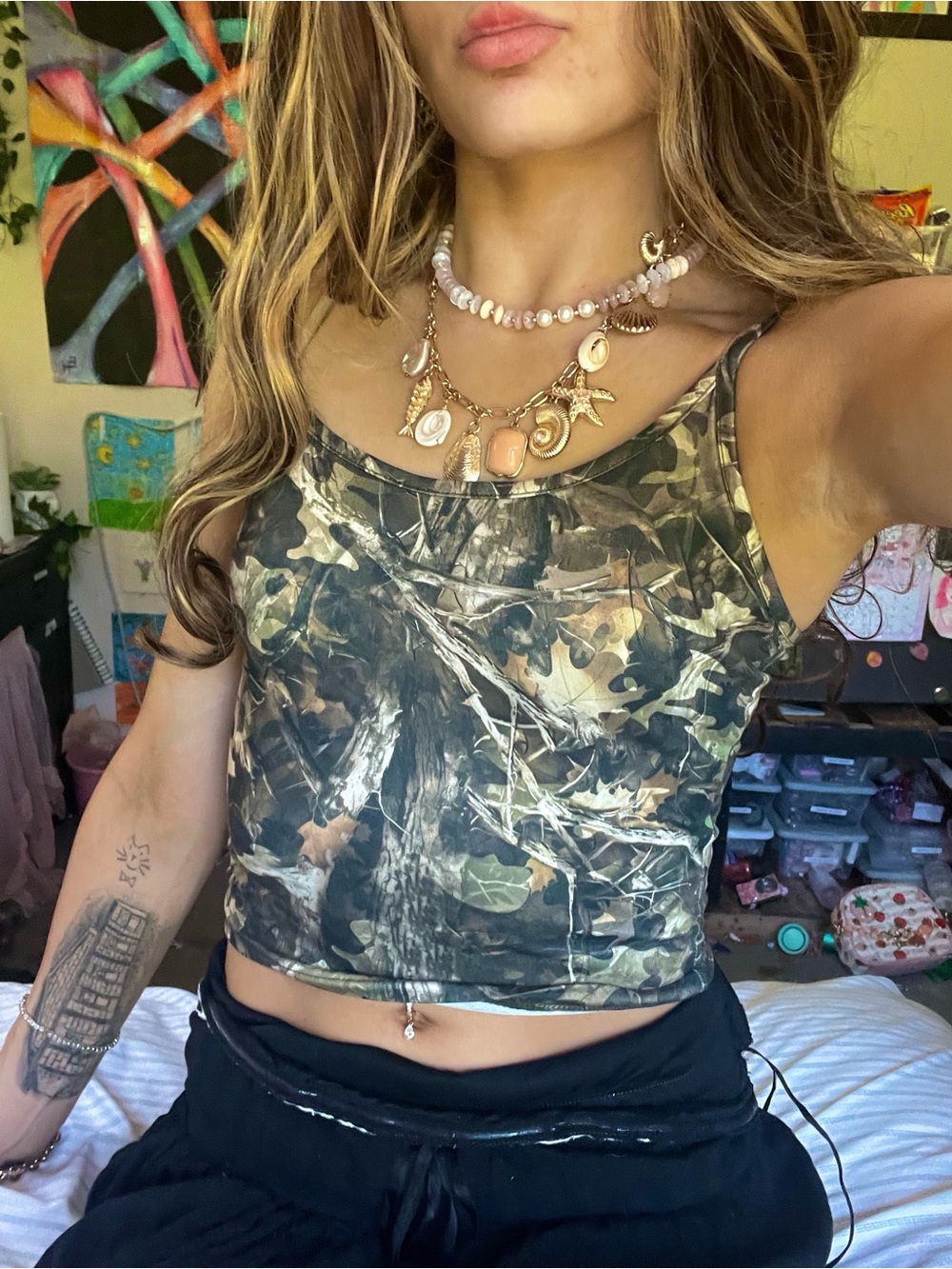 Camo Print Crop Tank Top - Green